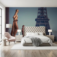 Bronze Sculptures and Eiffel Tower Detail Wall Mural