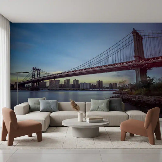 Manhattan Bridge city mural in a living room with a beige sofa GD13033