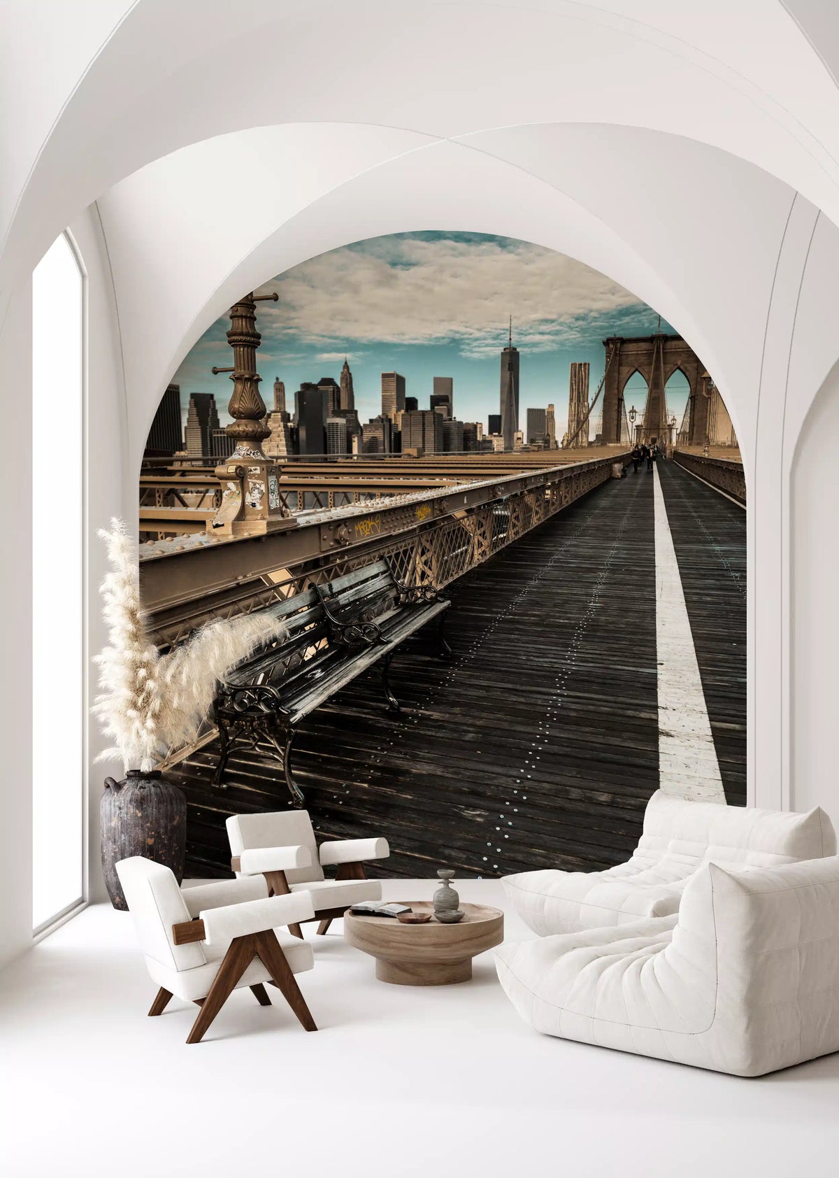 New York wallpaper in a living room with a white sofa under an arch GD13034
