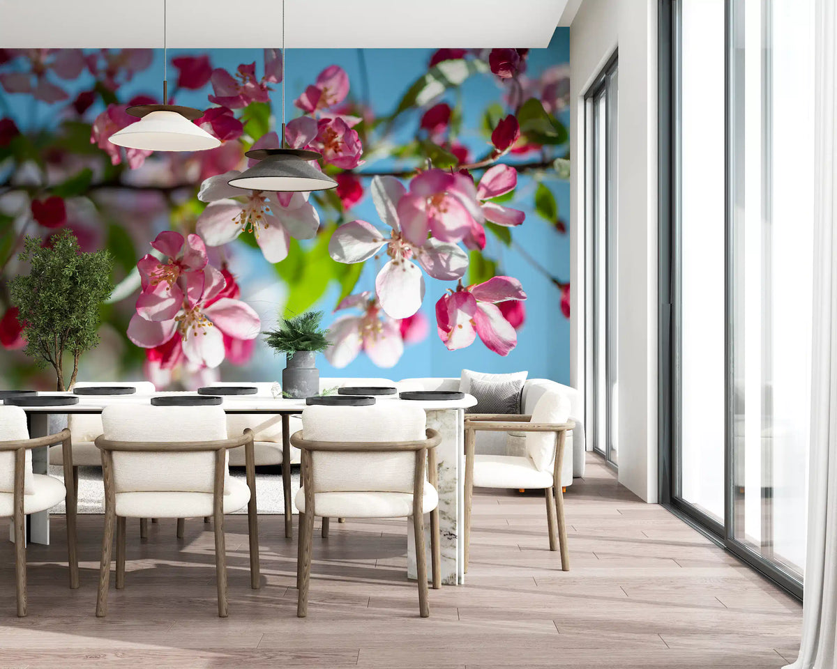 Cherry blossom wallpaper in a dining room with white chairs and a window GD13035