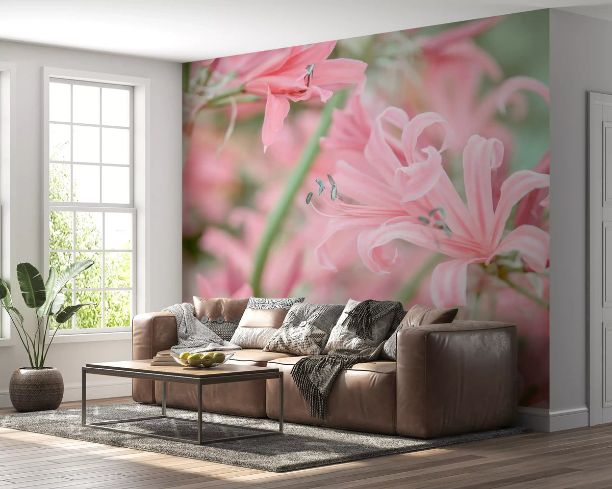 Floral wallpaper in a living room with a brown leather sofa GD13036