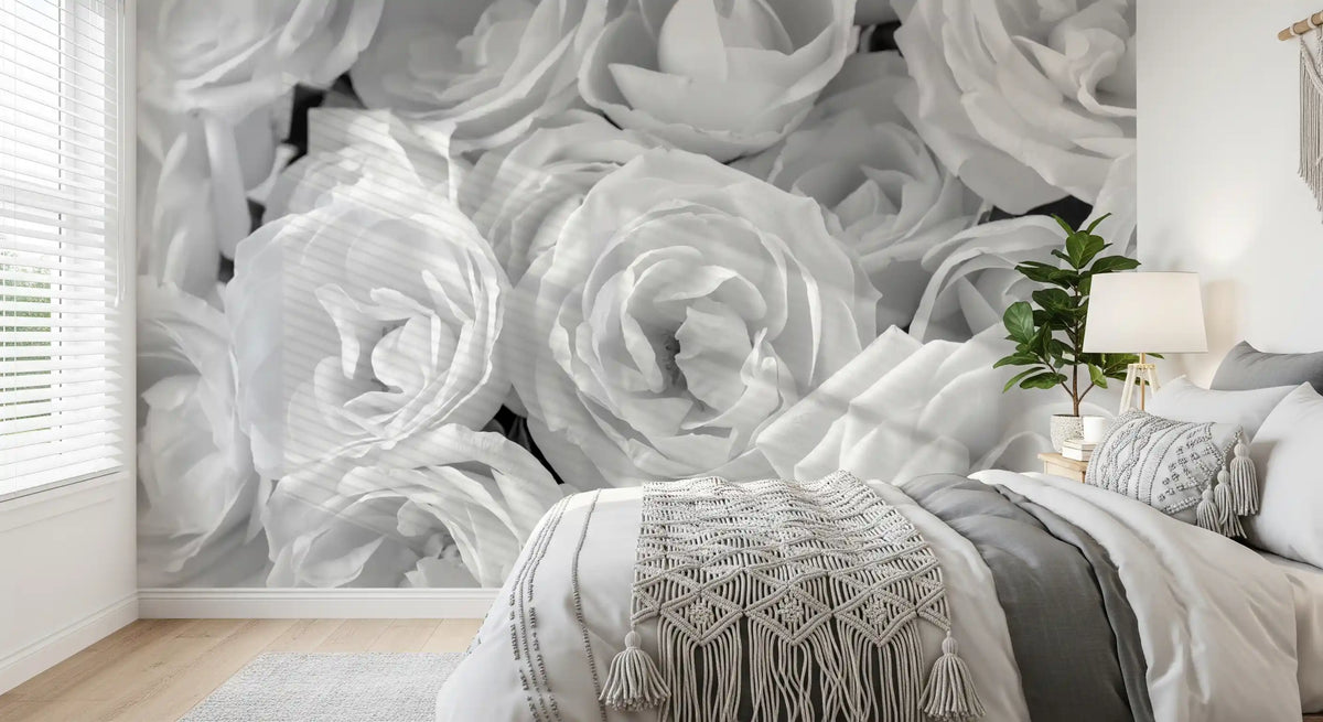 Monochrome rose black and white wallpaper behind a grey and white bedroom GD13038