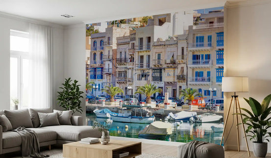Coastal wallpaper of a stone harbour behind a grey sofa in a living room GD13042
