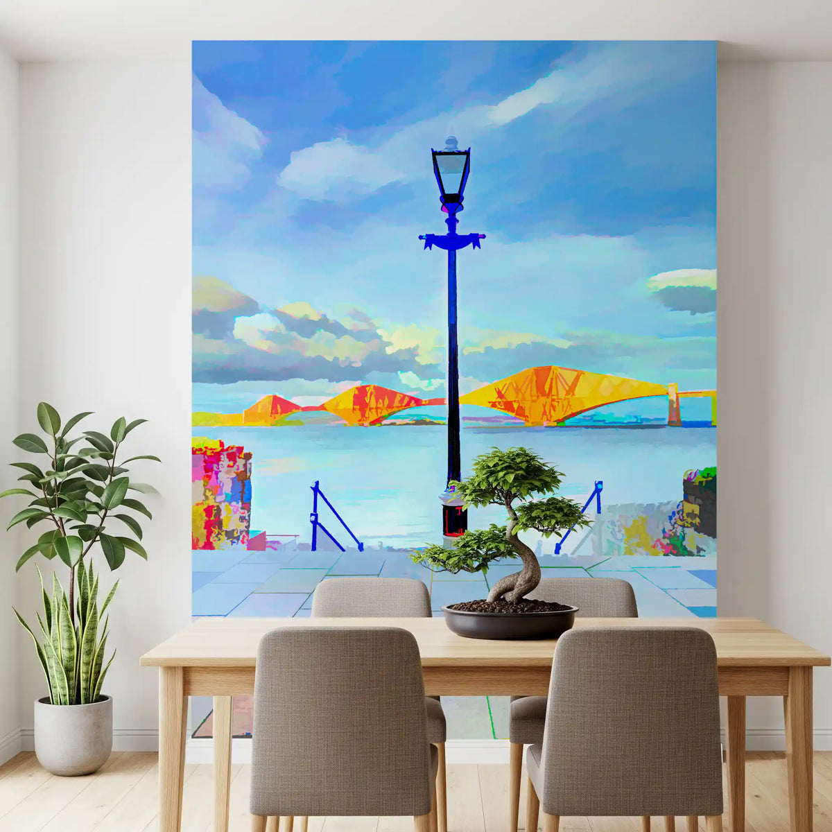Artistic wallpaper of a painterly bridge view behind a wooden dining table GD13044
