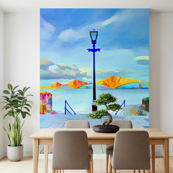 Artistic wallpaper of a painterly bridge view behind a wooden dining table GD13044