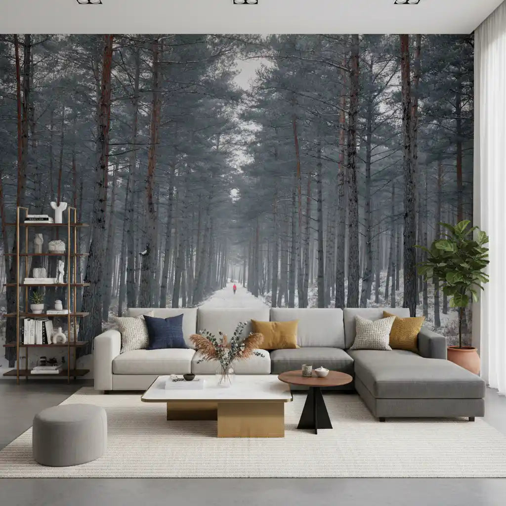 Misty Snowy Path Through the Pines Wall Mural