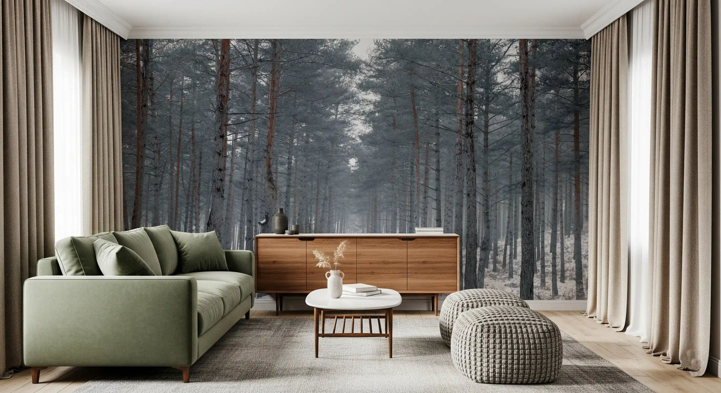 Misty Snowy Path Through the Pines Wall Mural