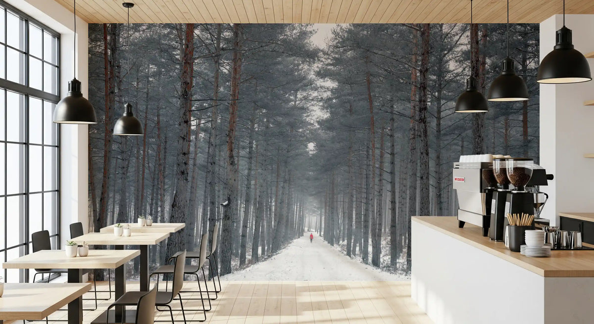 Cafe counter with the snowy pine forest wallpaper on the back wall GD13046