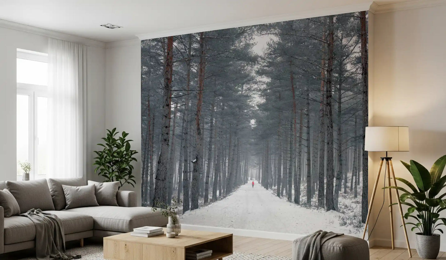 Misty Snowy Path Through the Pines Wall Mural