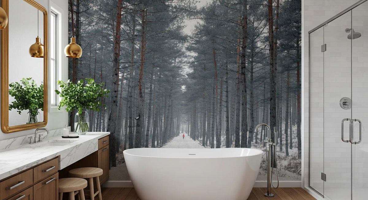 Misty Snowy Path Through the Pines Wall Mural