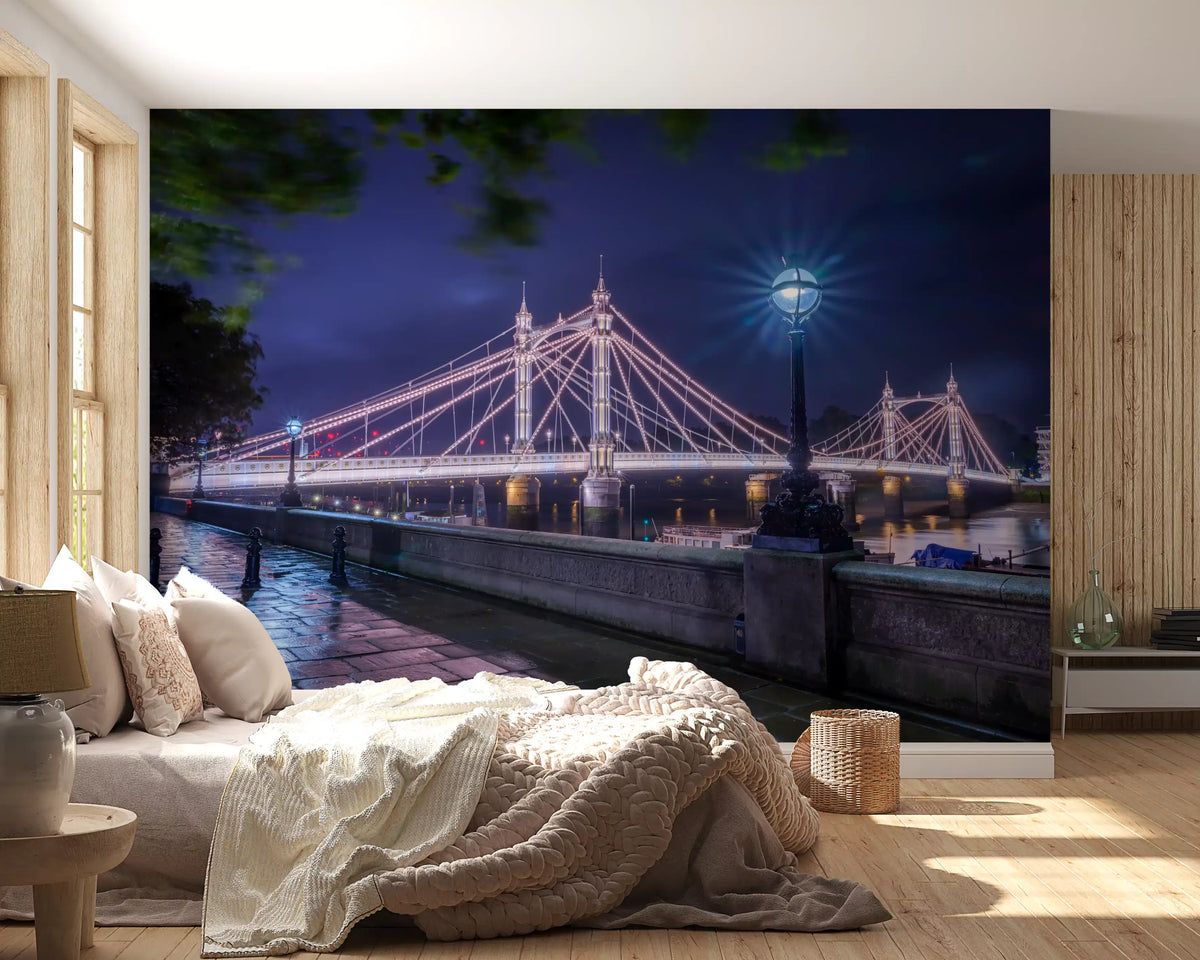 Bedroom with the night London wallpaper mural behind a soft bed GD13048