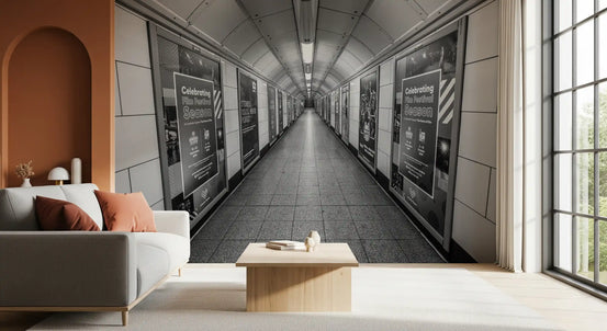 Living room with a grey sofa and city wallpaper showing a monochrome London subway corridor GD13050