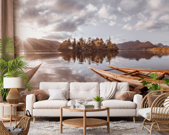 Living room with white sofa and lake wallpaper of an autumn sunset reflected on calm water GD13051