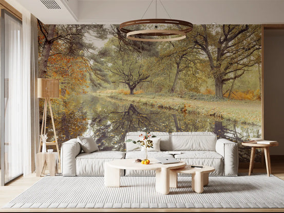 Living room with white sofa and forest wallpaper of a misty autumn woodland river path GD13053