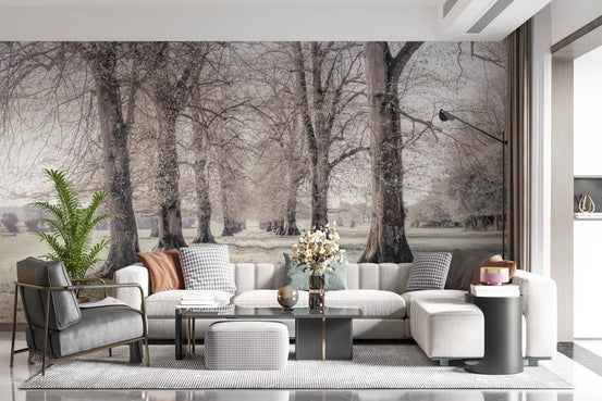 Living room with white sofa and tree wallpaper of a frosty avenue of bare winter trees GD13055