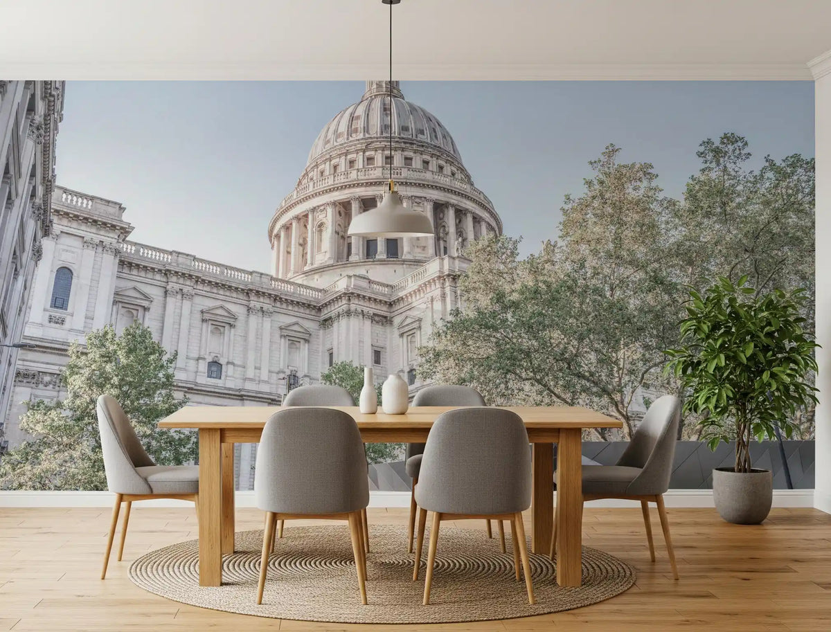 Dining room with wood table and grey chairs and a London St Paul's city wallpaper mural GD13056