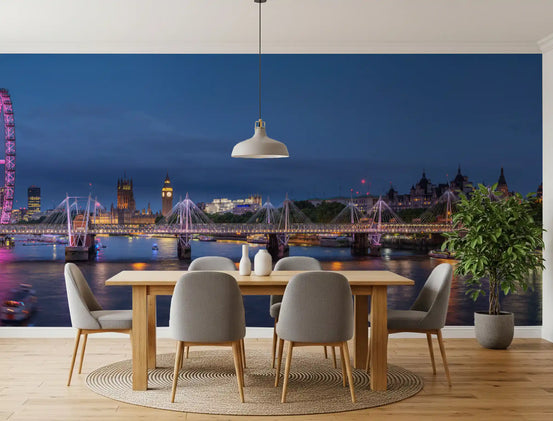 Dining room with wood table and a night Thames London Eye city wallpaper mural GD13058