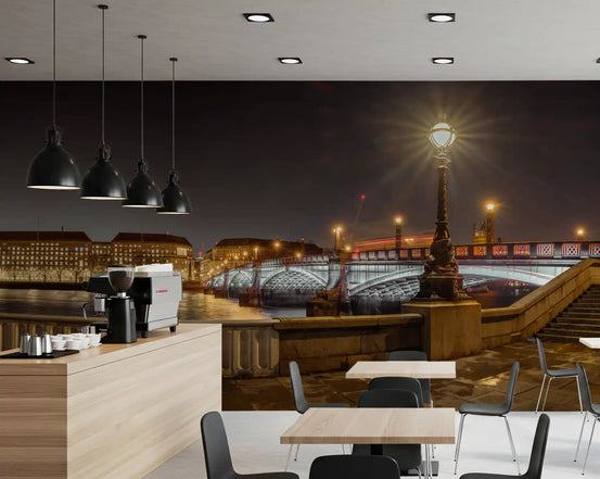 Cafe space with wood counter and a moody London riverside night wall mural GD13059