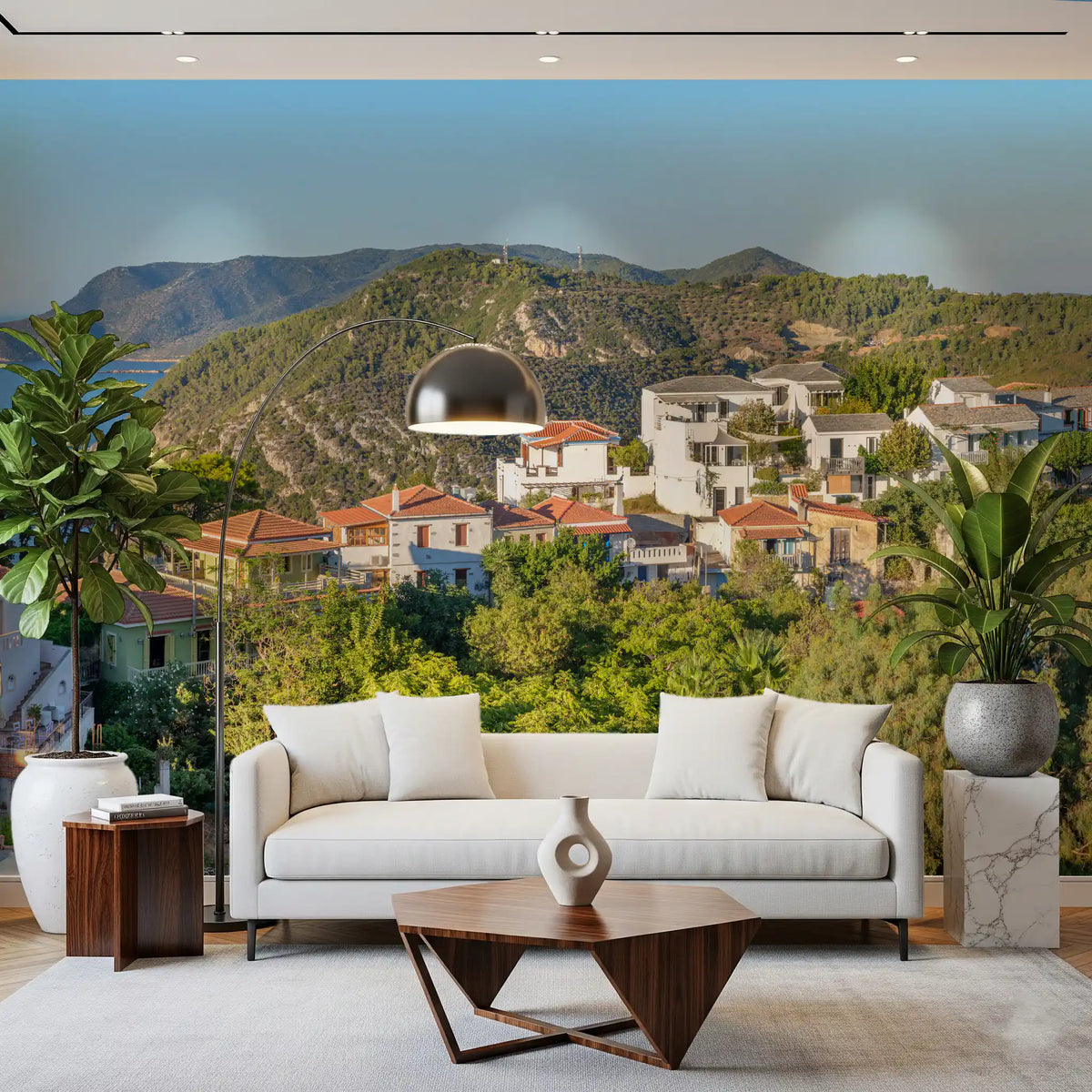 Living room with white sofa and plants and a Greek island sea view nature wallpaper mural GD13060