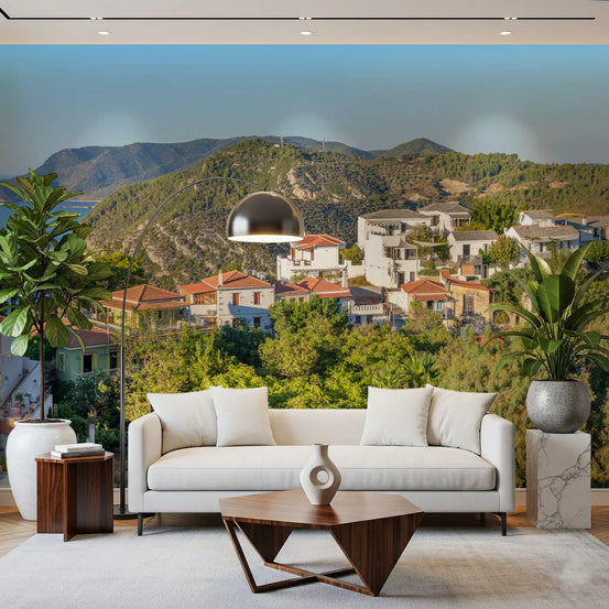 Living room with white sofa and plants and a Greek island sea view nature wallpaper mural GD13060