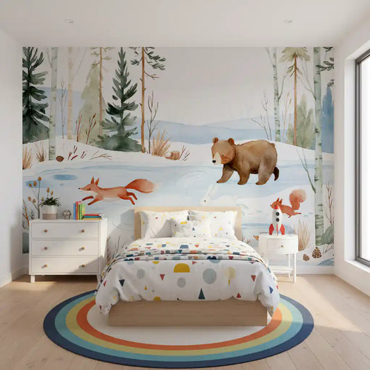 Winter Forest Friends Watercolor Scene Wall Mural