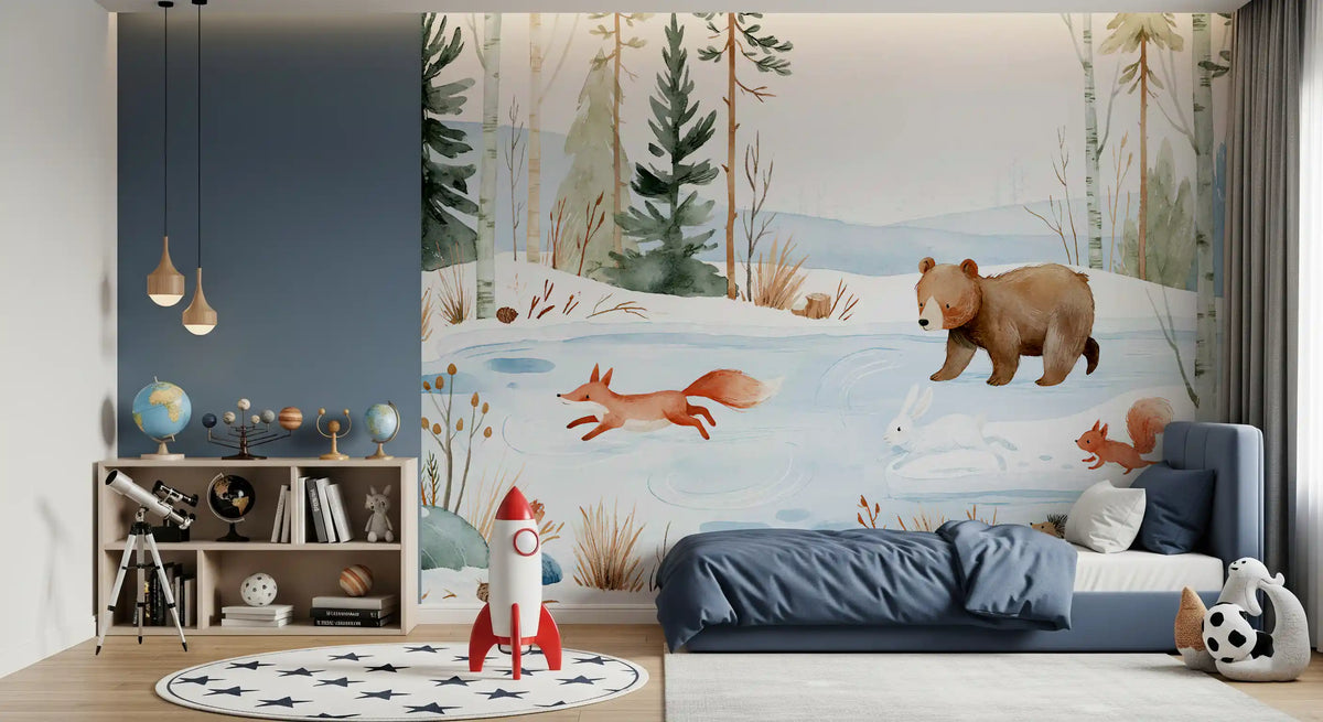 Kids bedroom with a blue bed and globe below the watercolor winter forest animal wallpaper GD13063