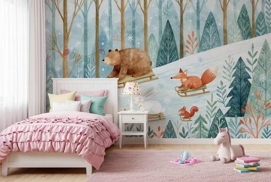 Winter Forest Friends Sledding Adventure Wall Mural