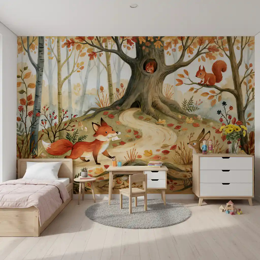 Autumn woodland forest wallpaper in a child's room with a pink bed and play table GD13067