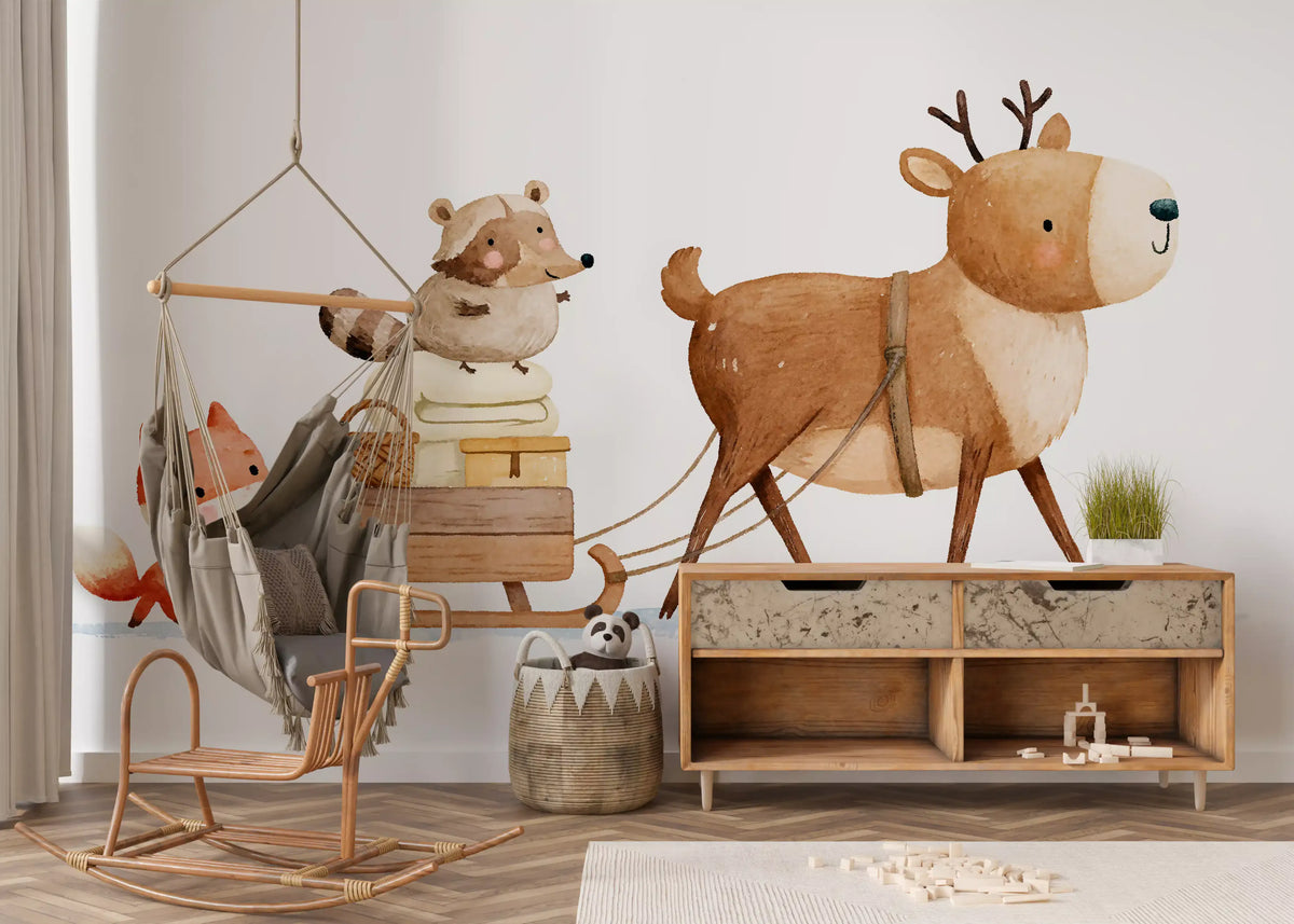 Winter Forest Friends Sleigh Ride Wall Mural