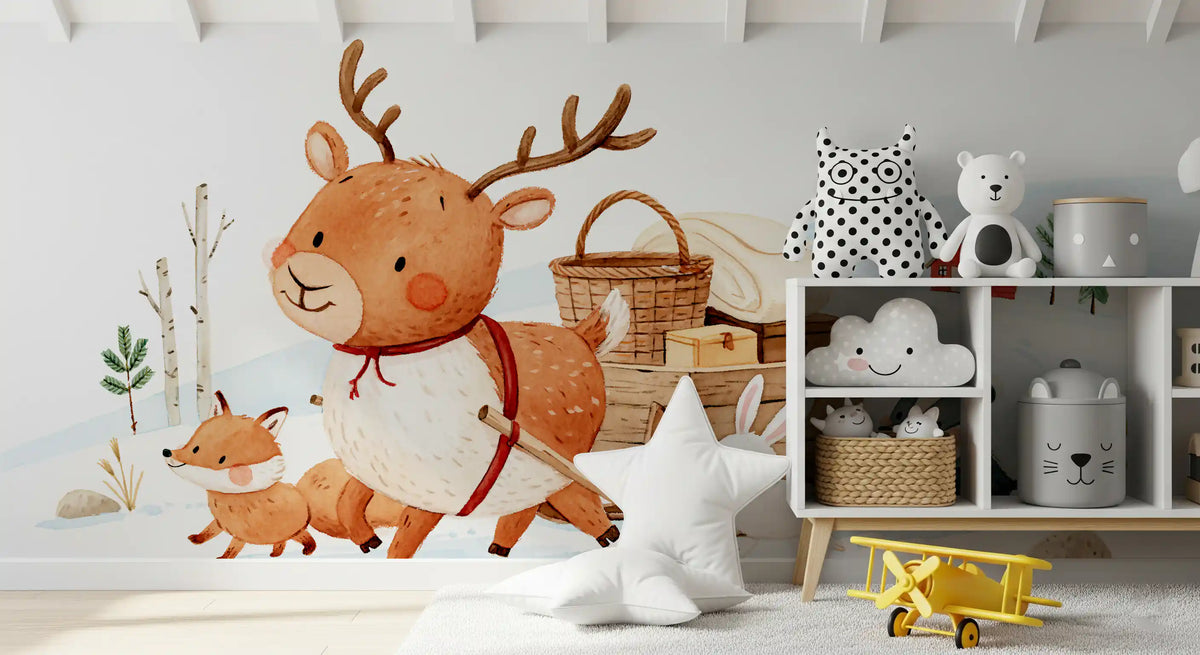 Kids wallpaper reindeer sleigh scene in a nursery with white shelves, cloud decor and star cushion GD13069