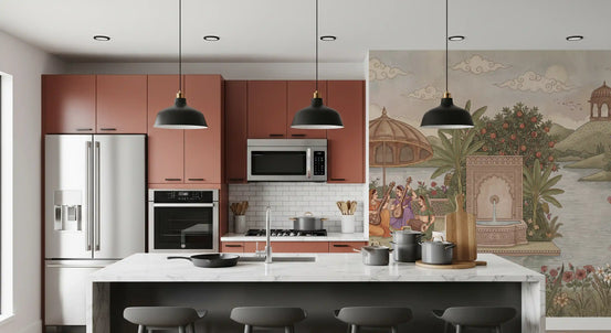 Garden of Raag floral wallpaper mural in a kitchen with terracotta cabinets GD13090
