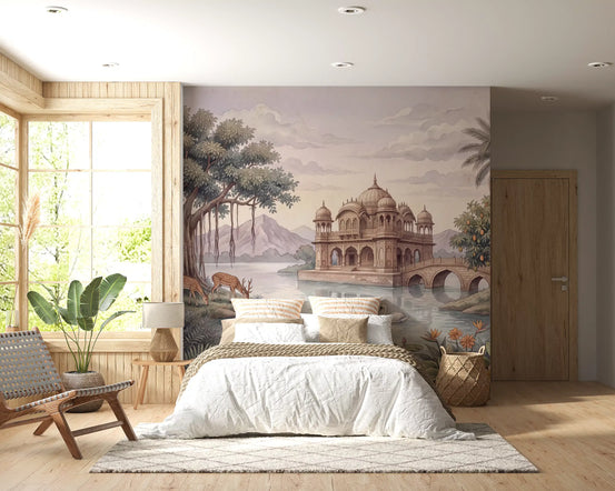 Nature wallpaper behind a white bed with a woven chair in a bright bedroom GD13091