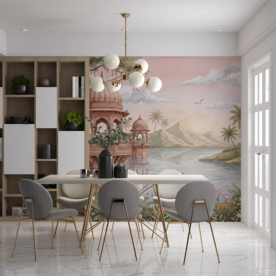Blush pavilion watercolor wallpaper behind a dining table and grey chairs GD13092