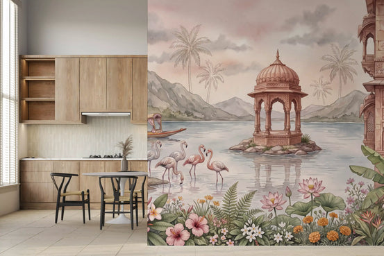 Flamingo lake birds wallpaper in a wood kitchen with a black bistro table GD13097