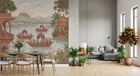 Dining room with black table, grey sofa and Pichwai lake Rajasthani wallpaper GD13099