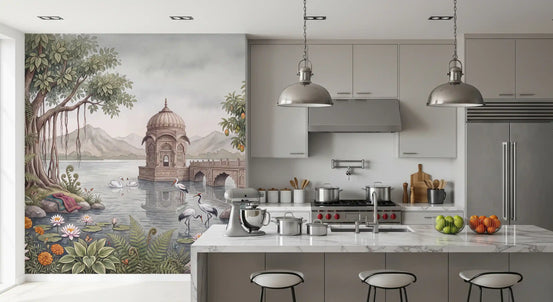Kitchen island with grey stools and banyan garden botanical wallpaper GD13100