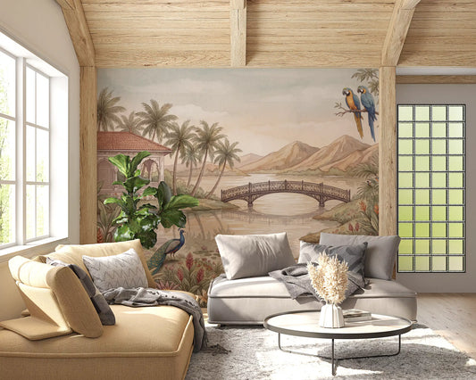 Living room with yellow modular sofa and lakeside tropical wallpaper GD13101