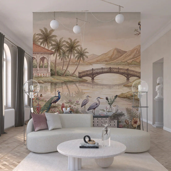 Living room with a curved white sofa and lakeside tropical wallpaper GD13101