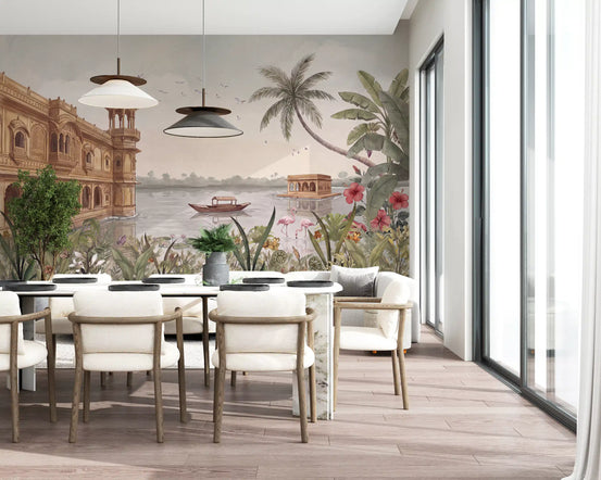 Tropical wallpaper behind a white dining set beside tall windows GD13104