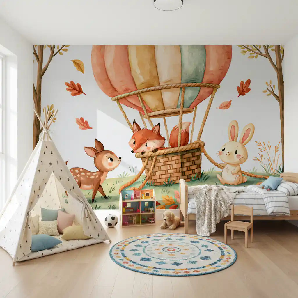 Woodland Autumn Animal Balloon Friends Wall Mural