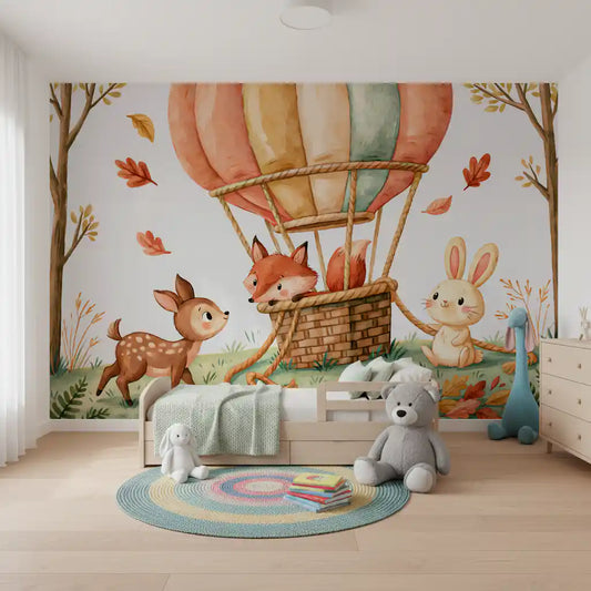 Woodland balloon mural in a bright bedroom with dinosaur toys and a round rug GD13110