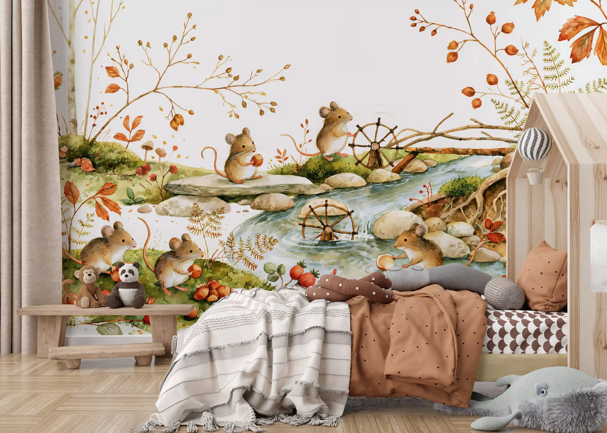 Forest wallpaper by a neutral kids bed with plush toys and layered blankets GD13112