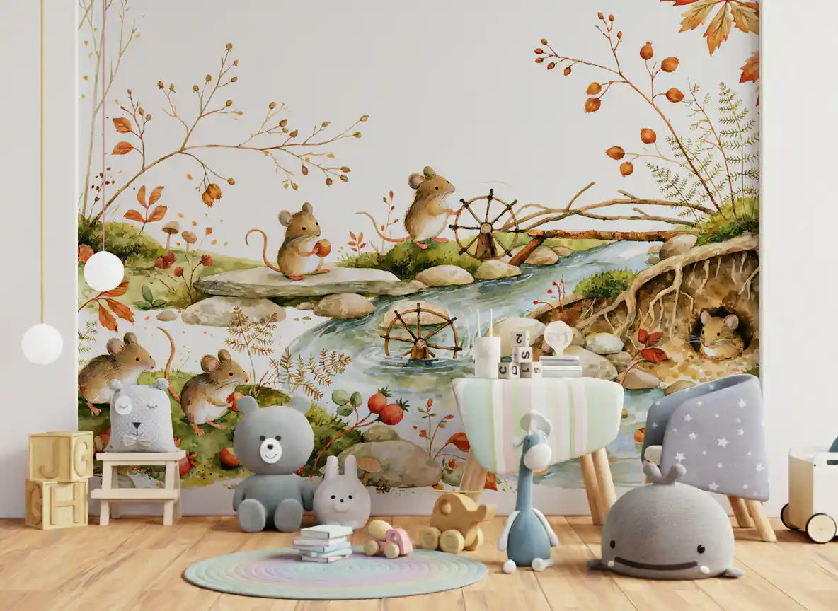 Autumnal Woodland Friends Mice Forest Adventure Wall Mural
