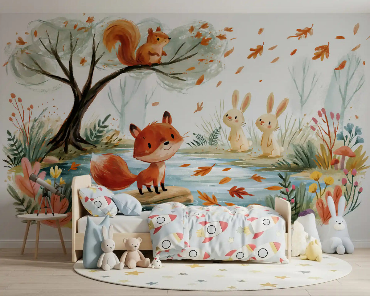 Woodland Friends Fox  Autumnal Stream Wall Mural