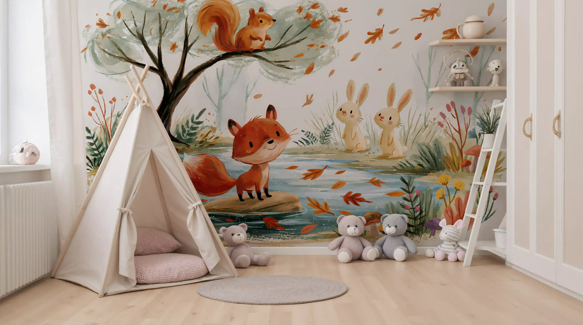 Woodland Friends Fox  Autumnal Stream Wall Mural