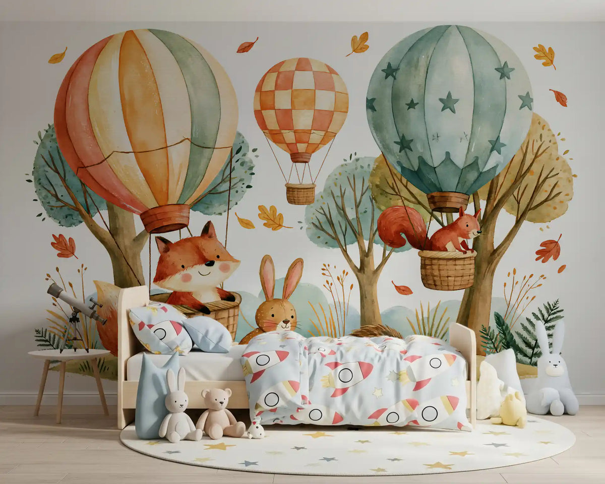 Woodland Forest Friends and Hot Air Balloons Wall Mural