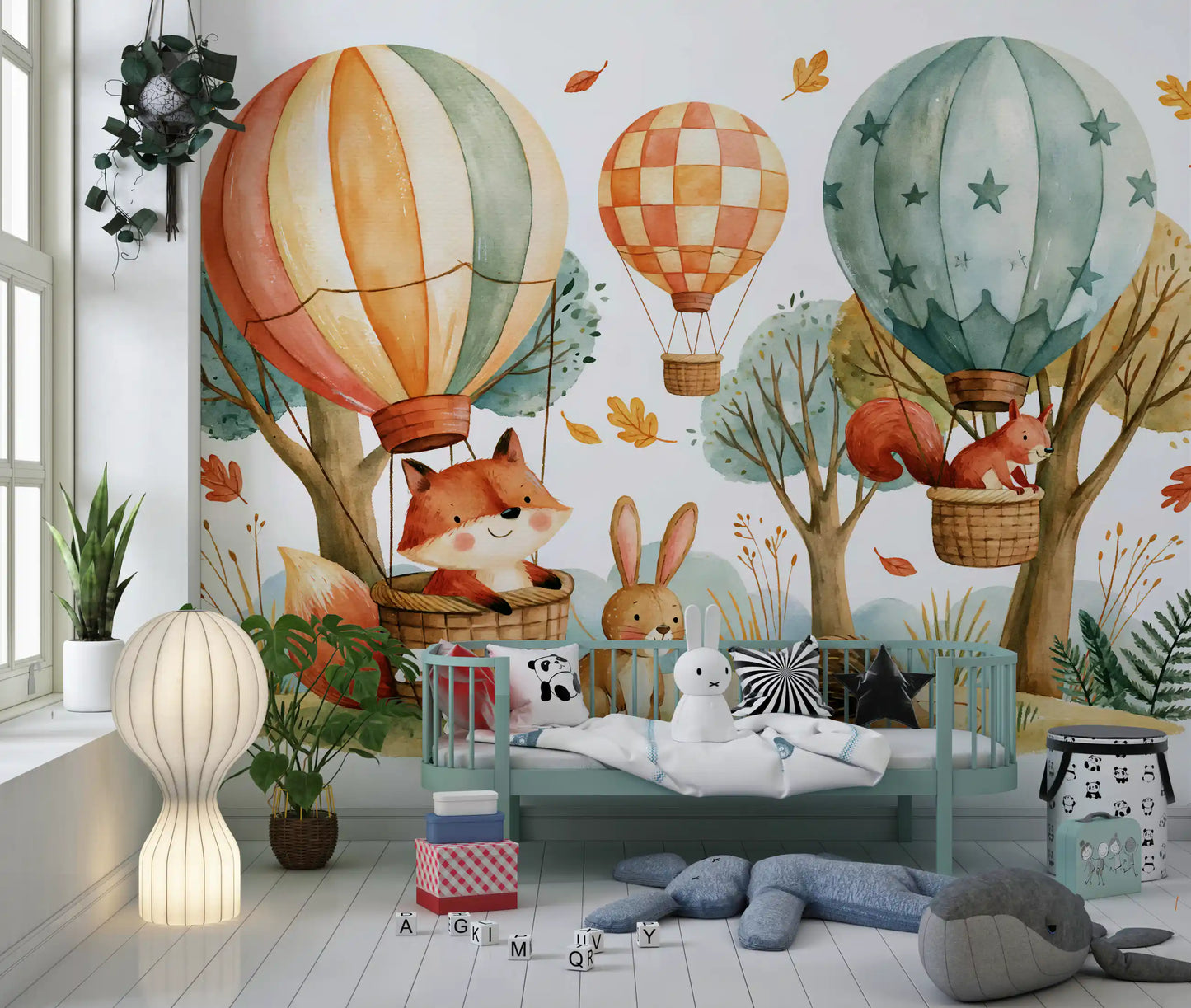 Woodland Forest Friends and Hot Air Balloons Wall Mural