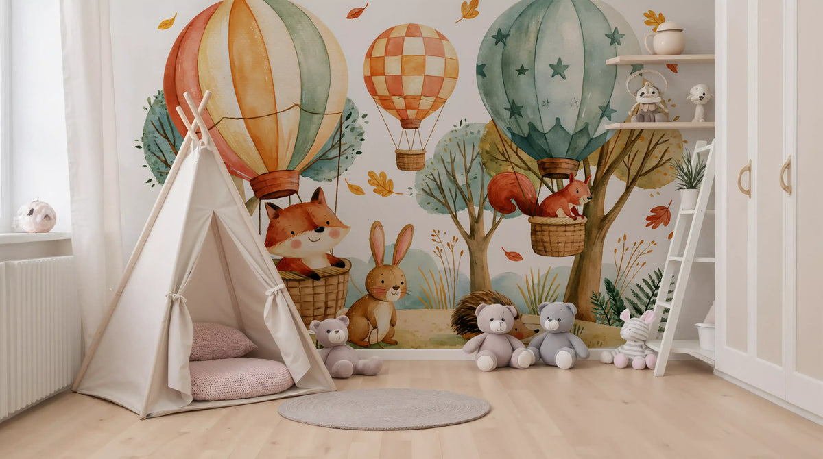 Woodland Forest Friends and Hot Air Balloons Wall Mural