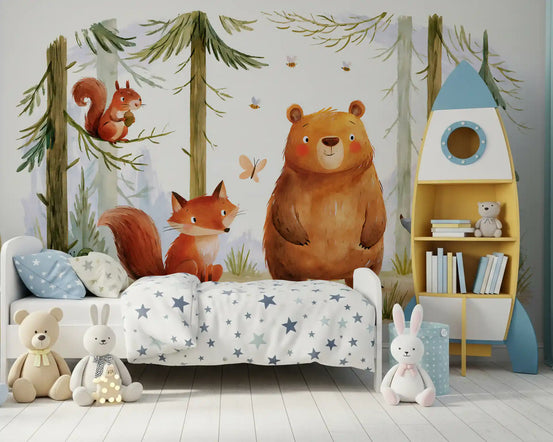 Woodland forest wallpaper in a boys nursery with rocket shelf and star bedding GD13115