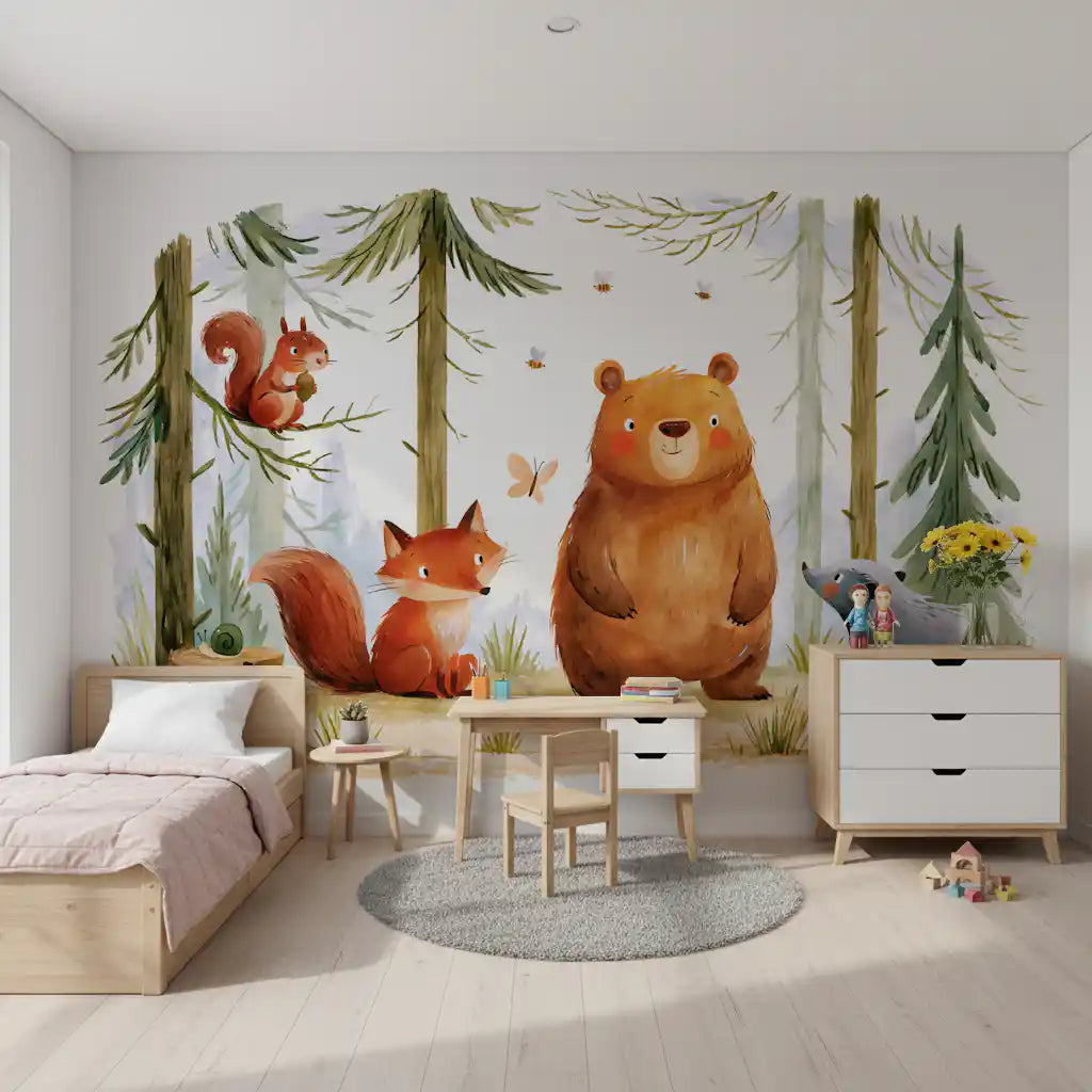 Whimsical Woodland Friends in a Autumnal Forest  Wall Mural